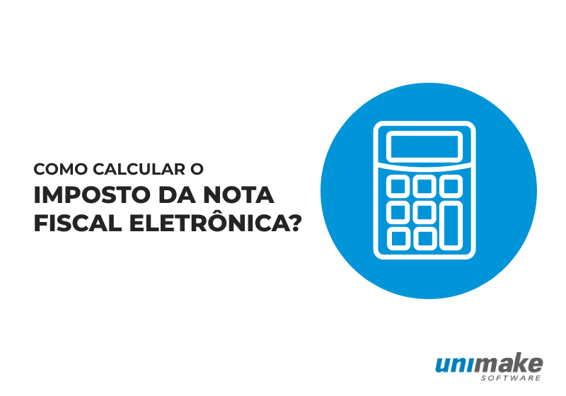 Banner da imagem "como calcular o imposto da nota fiscal eletrônica" com um desenho representando uma calculadora.