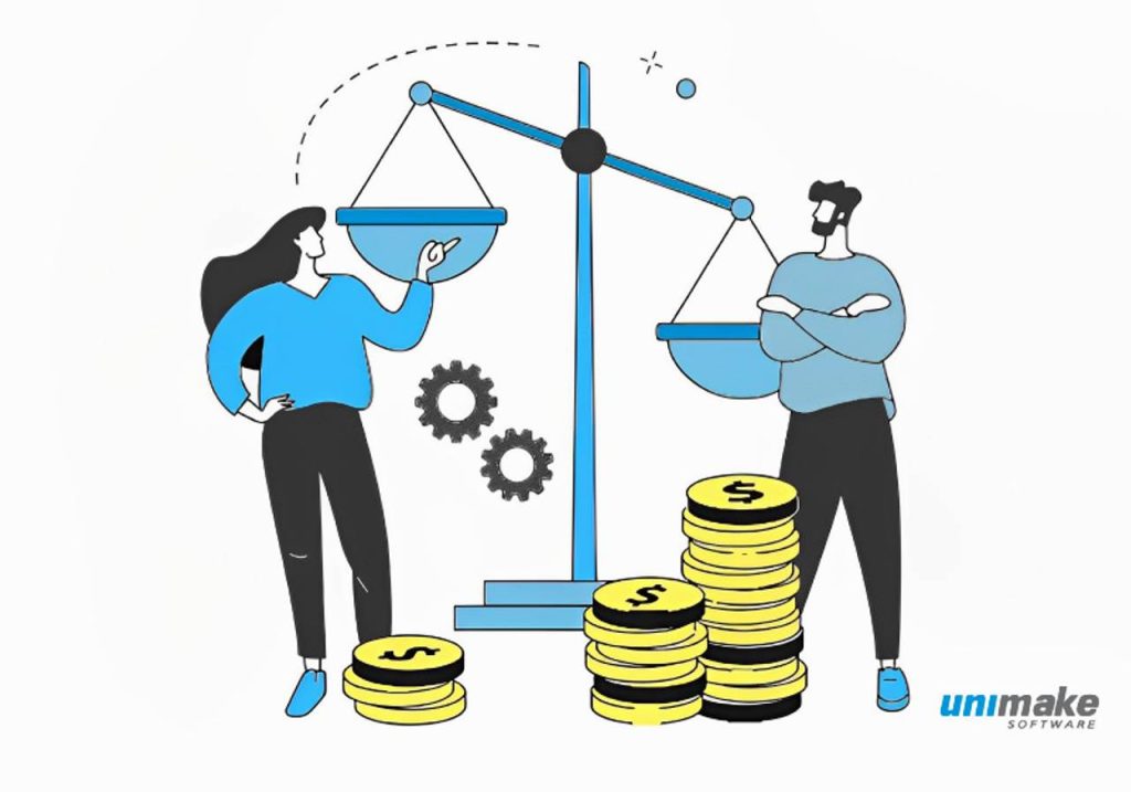 ilustração em vetor conceito abstrato de homem e mulher com balança de custo 